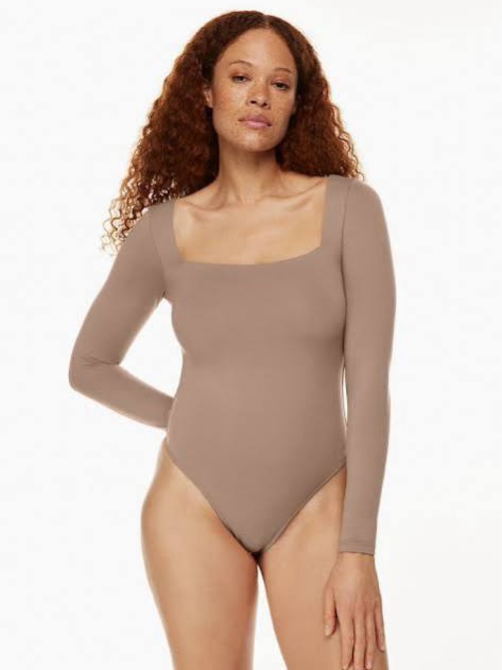 034 Babaton Square-Neck Long-Sleeve Bodysuit in Taupe